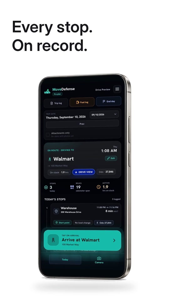 MoveDefense showing a driver's trip log and current stop.